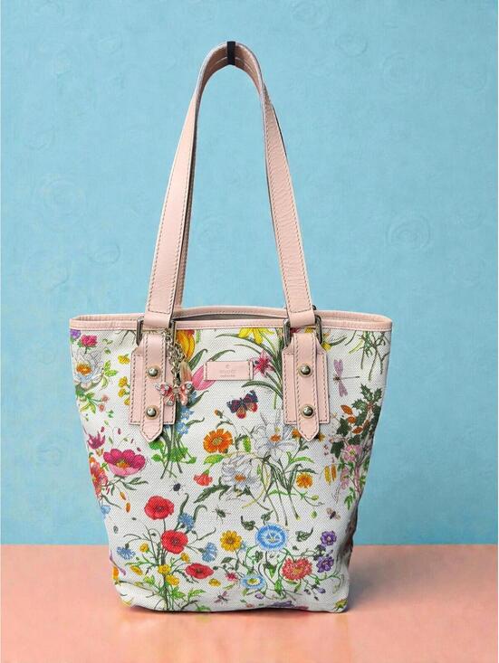 Gucci Handbags - Gucci Authentic Vintage Flora Botanical Canvas Mini Tote Bag - Pink Trim